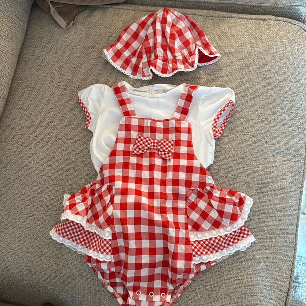 WORN ONCE! Mayoral 3 piece set. Shirt, romper and hat. 12 months